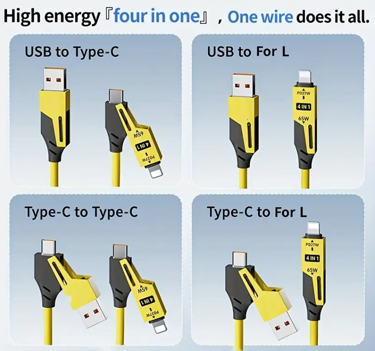 65W Quick Charger Spring USB Cable 4 in 1 Spring Data Cable