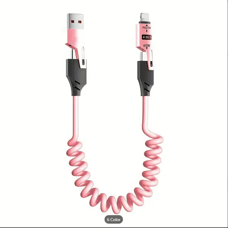 65W Quick Charger Spring USB Cable 4 in 1 Spring Data Cable