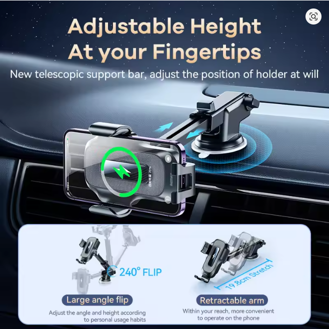 REMAX Smart Wireless Charging Electric Car Holder For 4-7" Mobile Phones 15W Max Fast Charge