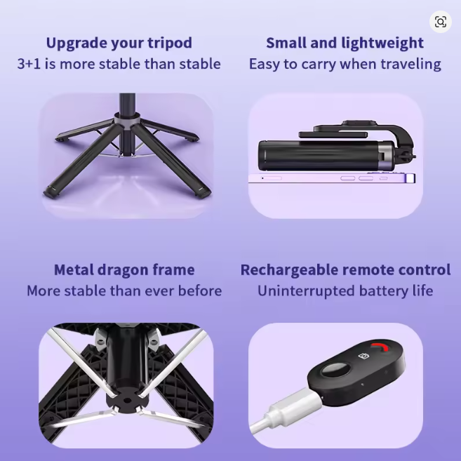 Extendable Selfie Stick with Wireless Remote and Tripod Stand Detachable Remote for Video Recording, Live Stream
