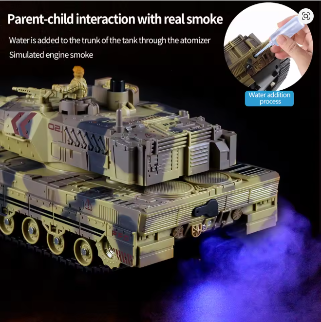 RC Tank Shoot Bullet Spray Fog Remote Control Tracked Simulation Tank LED Light 330° Rotation Barrel War Armored RC Vehicle Toys