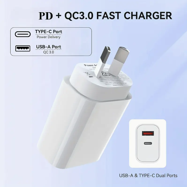45W GaN Fast Charger, 2-Port Wall Plug with Fast Charging QC3.0, USB-C Power Adapter