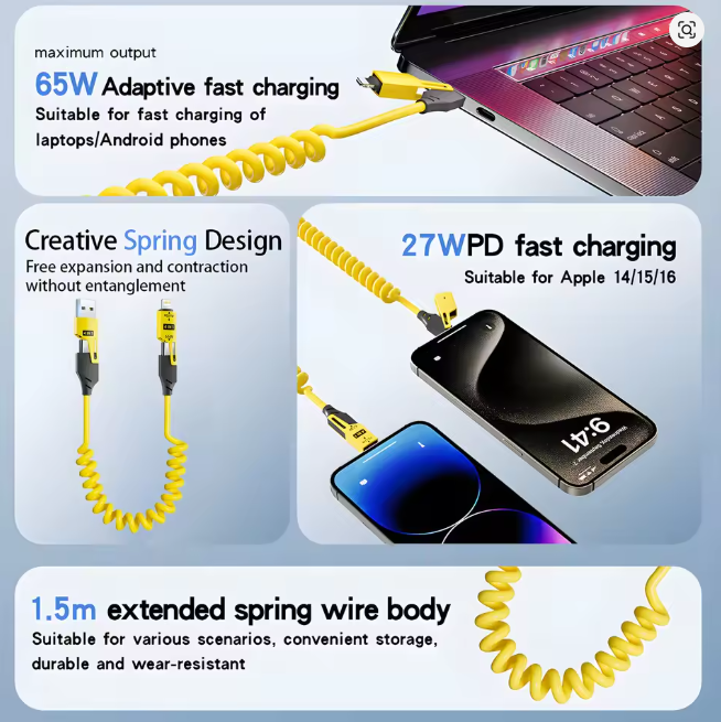 65W Quick Charger Spring USB Cable 4 in 1 Spring Data Cable