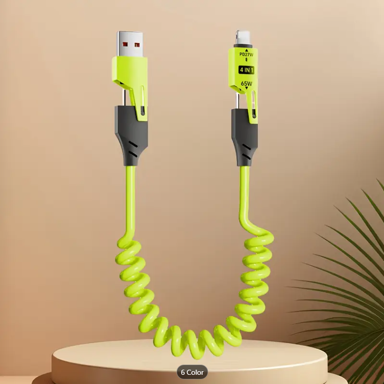 65W Quick Charger Spring USB Cable 4 in 1 Spring Data Cable