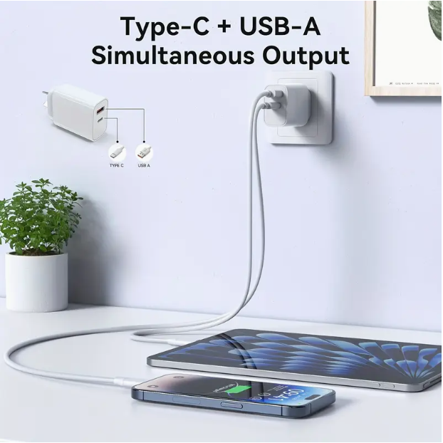 45W GaN Fast Charger, 2-Port Wall Plug with Fast Charging QC3.0, USB-C Power Adapter