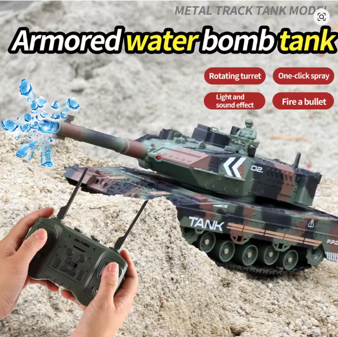 RC Tank Shoot Bullet Spray Fog Remote Control Tracked Simulation Tank LED Light 330° Rotation Barrel War Armored RC Vehicle Toys