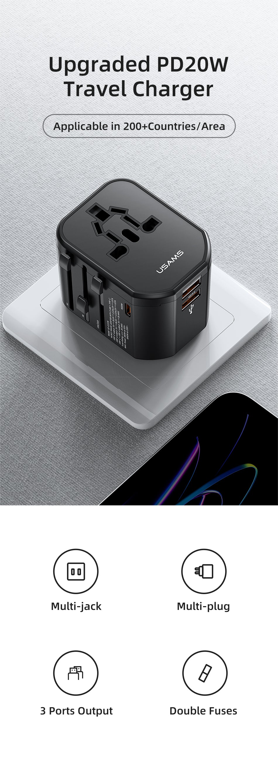 USAMS Universal Travel Adapter Travel Charger Socket Converter 20W Dual USB Type-C Wall Charger For US EU UK AU