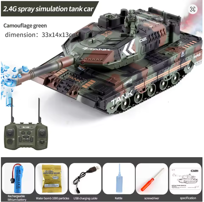 RC Tank Shoot Bullet Spray Fog Remote Control Tracked Simulation Tank LED Light 330° Rotation Barrel War Armored RC Vehicle Toys