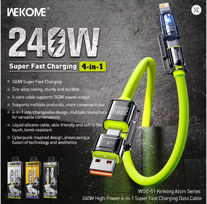 WEKOME 4-in-1 Super Fast Charging Mobile Data Cable 240W