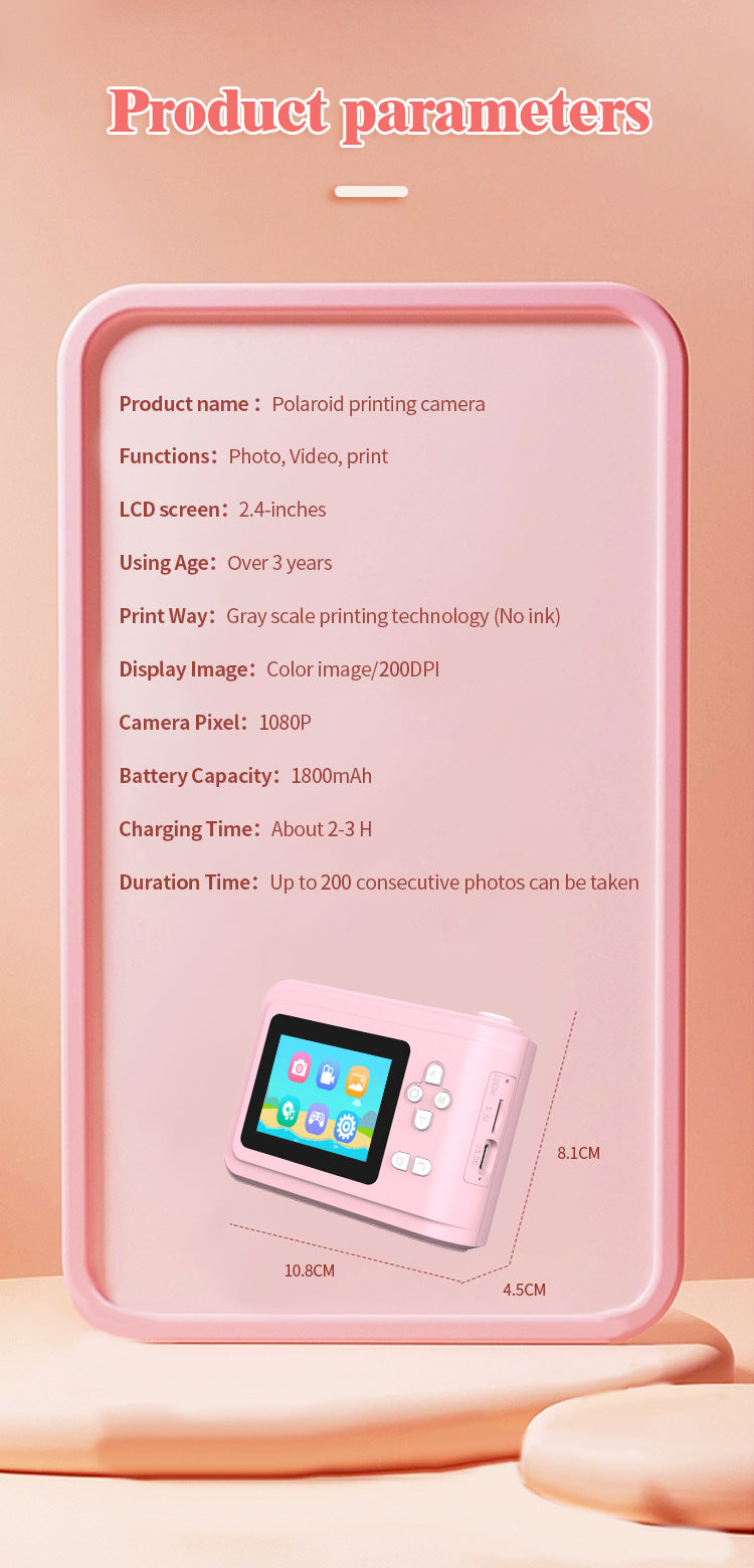 Kids Instant Cameras 2.0 Inch HD IPS Screen Thermal Paper Picture Photo Printing Camera With Lanyard Printer Children Gifts
