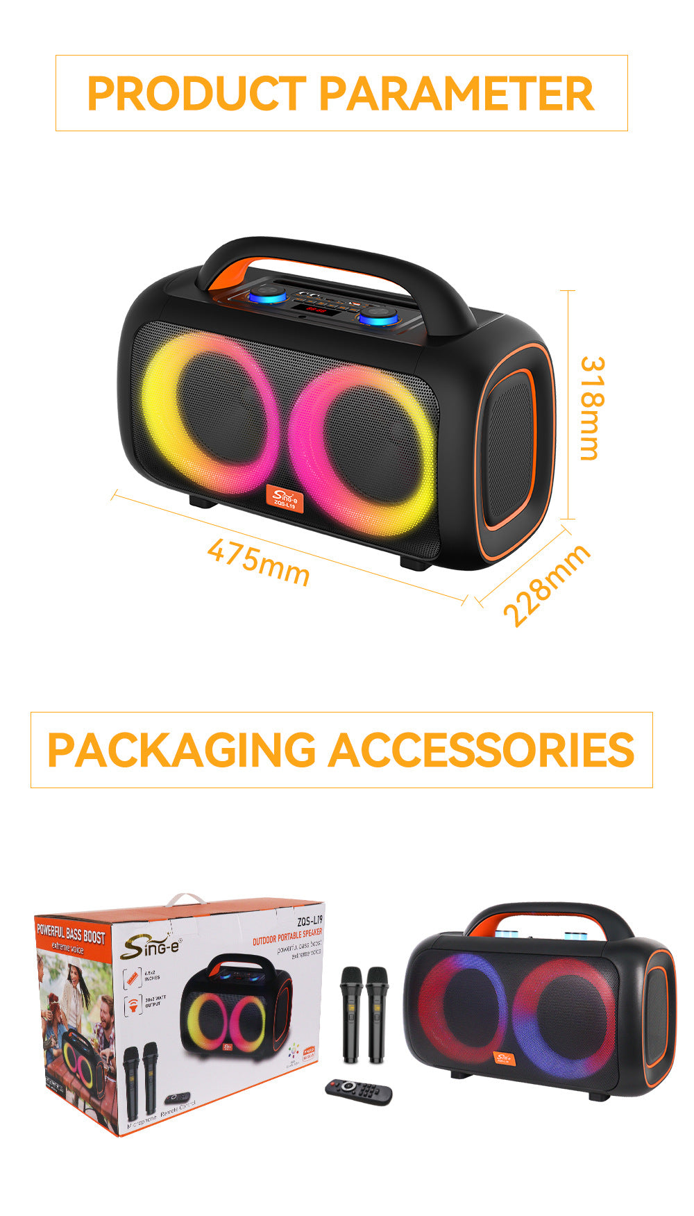 ZQS-L19 6.5 Inch Portable Wireless Speaker 2MIC Handheld Waterproof Remote Control BT/USB/TF/FM/AUX/Karaoke Outdoor Player