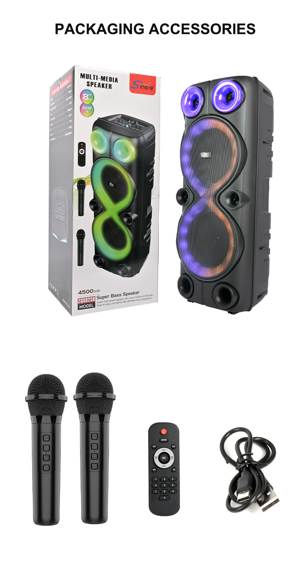 ZQS8238 Dual 8-inch Wireless Karaoke Smart Bluetooth Speaker Subwoofer Dual Wireless Mai Family Party RGB Speaker