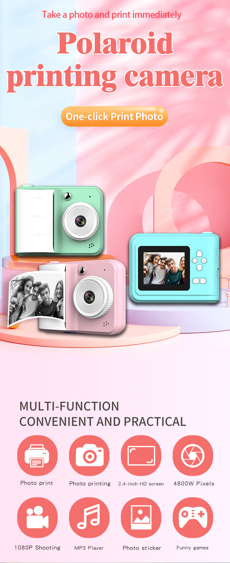 Kids Instant Cameras 2.0 Inch HD IPS Screen Thermal Paper Picture Photo Printing Camera With Lanyard Printer Children Gifts