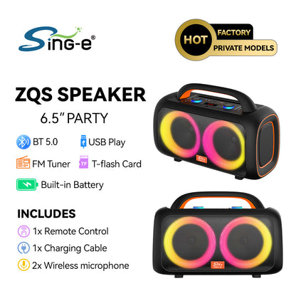 ZQS-L19 6.5 Inch Portable Wireless Speaker 2MIC Handheld Waterproof Remote Control BT/USB/TF/FM/AUX/Karaoke Outdoor Player