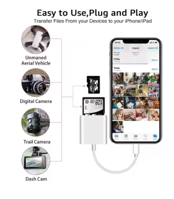 2-in-1 Lightning Flash Card Reader TF Reader 2-in1 Slot for iPhone/iPad, Suitable for Memory Card/Mini SD Card Adapter