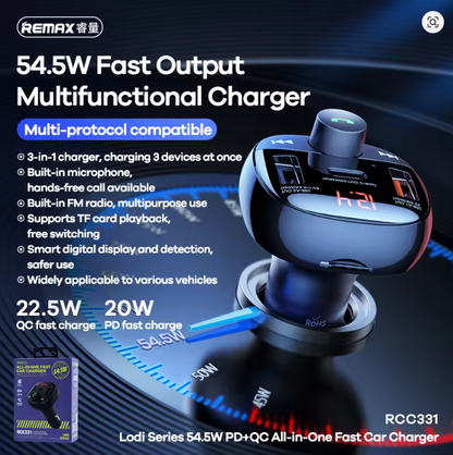 REMAX Multifunctional Car Charger FM Radio 54.5W High Power 2A1C Output Hands-free Call TF Card Fast Charging