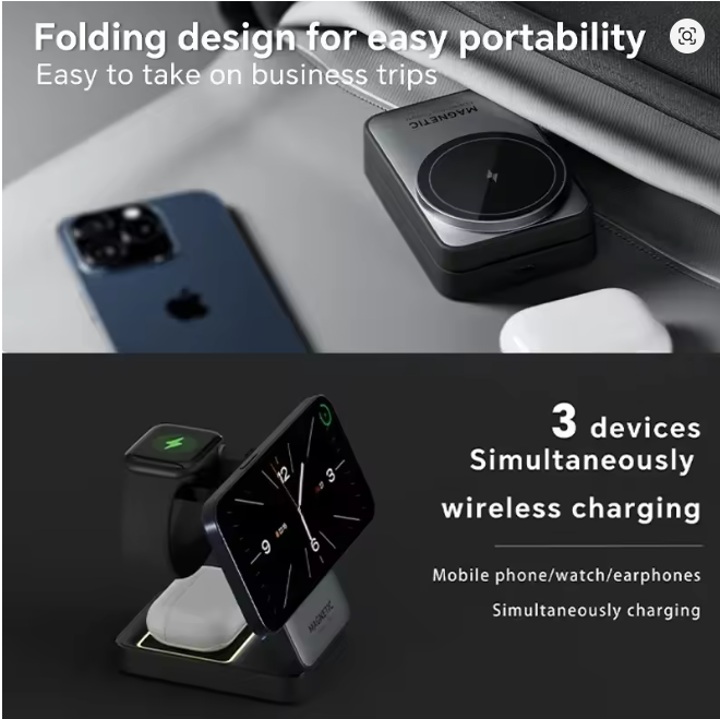 Foldable 3 In 1 Magnetic Wireless Charger Stand For Magsafe iPhone 17 16 15 14 13 12 Apple Watch 2-8 Airpods Pro Fast Charging Station