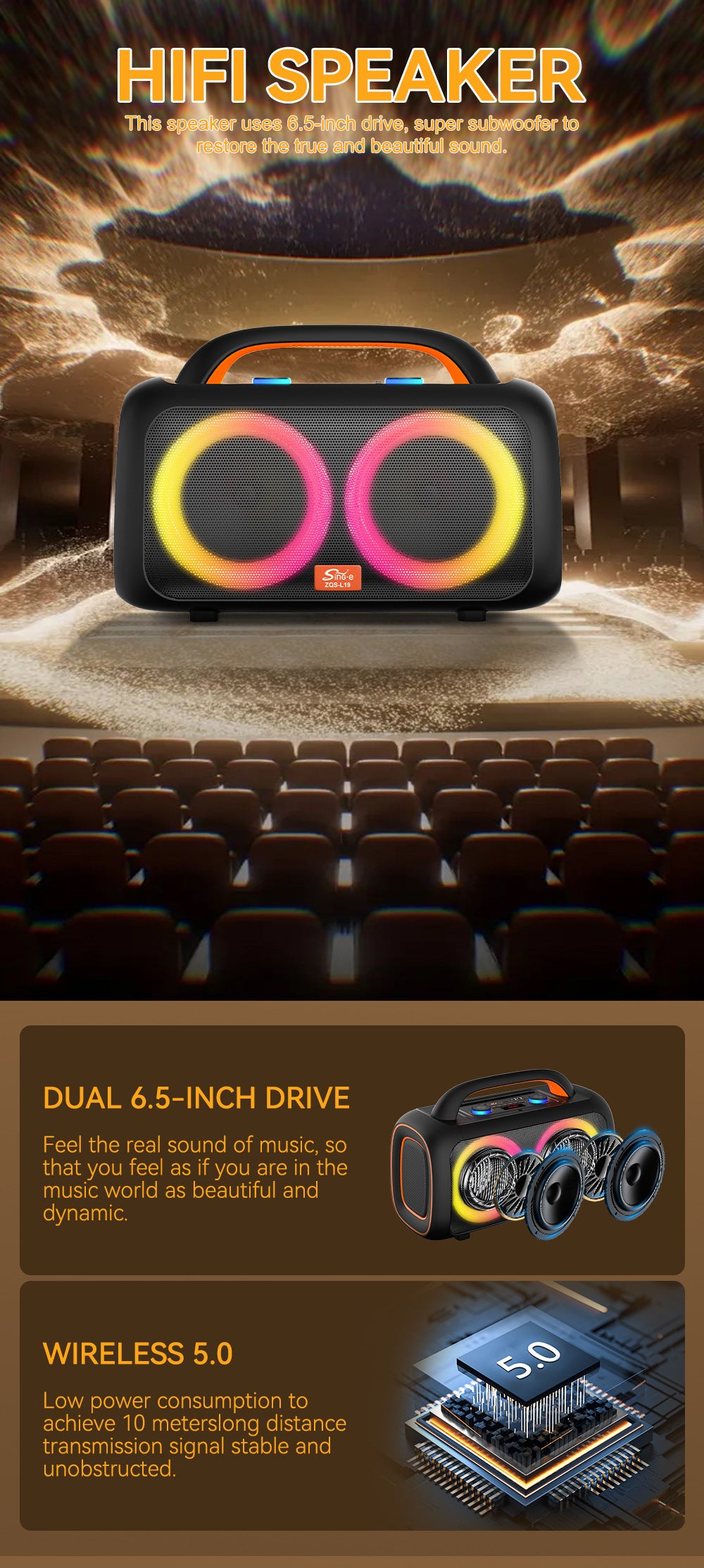 ZQS-L19 6.5 Inch Portable Wireless Speaker 2MIC Handheld Waterproof Remote Control BT/USB/TF/FM/AUX/Karaoke Outdoor Player