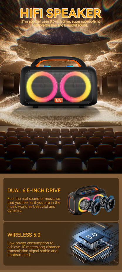 ZQS-L19 6.5 Inch Portable Wireless Speaker 2MIC Handheld Waterproof Remote Control BT/USB/TF/FM/AUX/Karaoke Outdoor Player