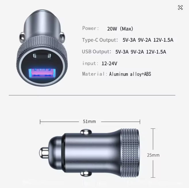 LED Car Charger Type C Fast USB Charger for iPhone 16 17 Car Charging Quick 3.0 Charge Smart Phone PD Charger