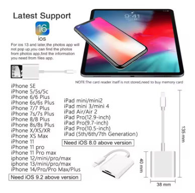 2-in-1 Lightning Flash Card Reader TF Reader 2-in1 Slot for iPhone/iPad, Suitable for Memory Card/Mini SD Card Adapter