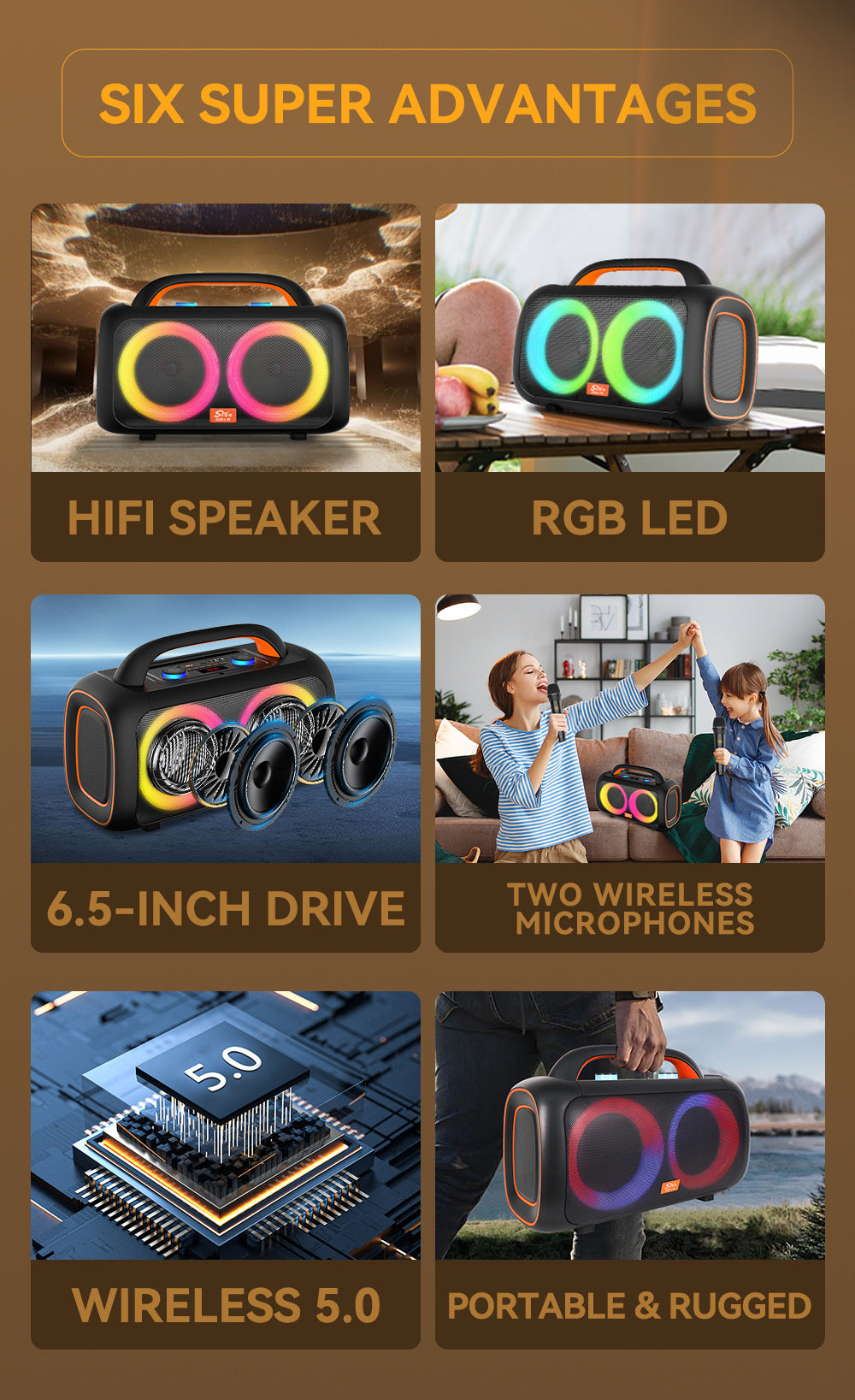 ZQS-L19 6.5 Inch Portable Wireless Speaker 2MIC Handheld Waterproof Remote Control BT/USB/TF/FM/AUX/Karaoke Outdoor Player