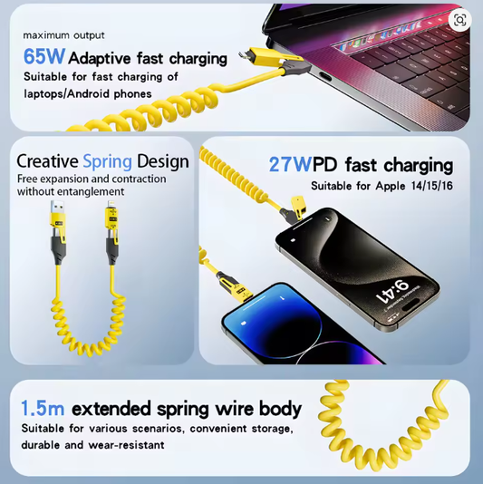 65W Quick Charger Spring USB Cable 4 in 1 Spring Data Cable