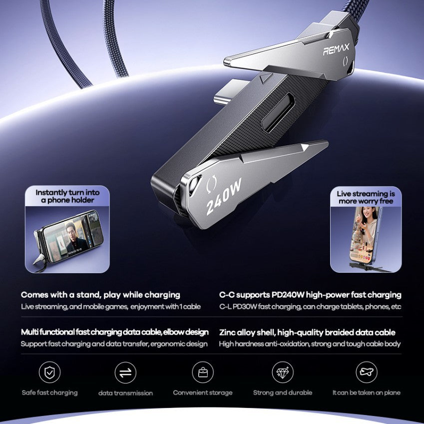 90°Elbow Foldable Phone Holder USB C Cable 240W Type C /Lightning Fast Charging Cable