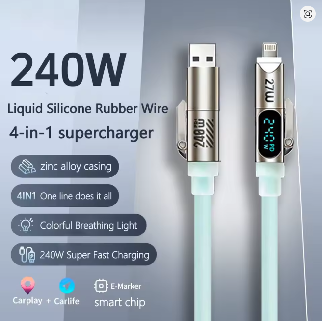 Liquid Silicone Rubber Wire 4-in-1 240W with LED Display charging Cable