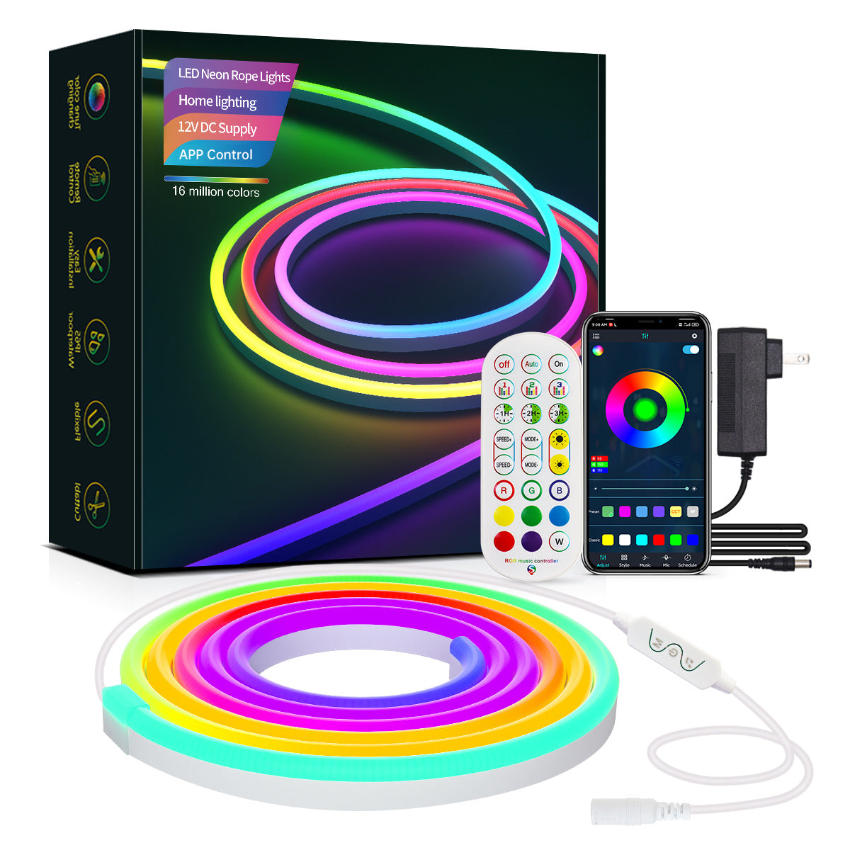 RGB Neon Rope Lights, LED Neon Rope Lights, 3M Music Light Strips for Gaming Rooms, 16 Million Colors, APP Control/WiFi Controller