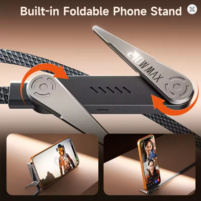 90°Elbow Foldable Phone Holder USB C Cable 240W Type C /Lightning Fast Charging Cable