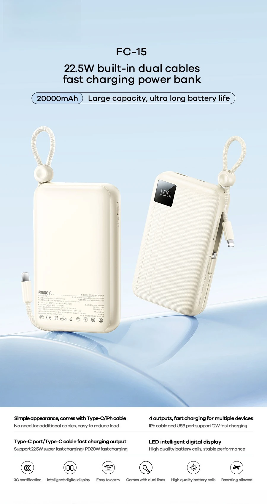 REMAX Portable Power Bank 10000mAh Built in Cable For iPhone 17 ProMax