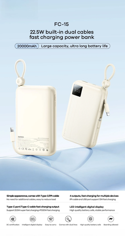 REMAX Portable Power Bank 10000mAh Built in Cable For iPhone 17 ProMax