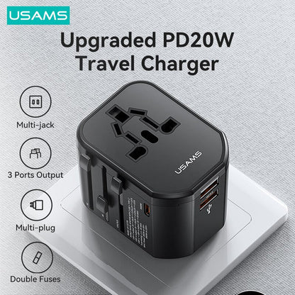 USAMS  Universal Travel Adapter Travel Charger Socket Converter 20W Dual USB Type-C Wall Charger For US EU UK AU