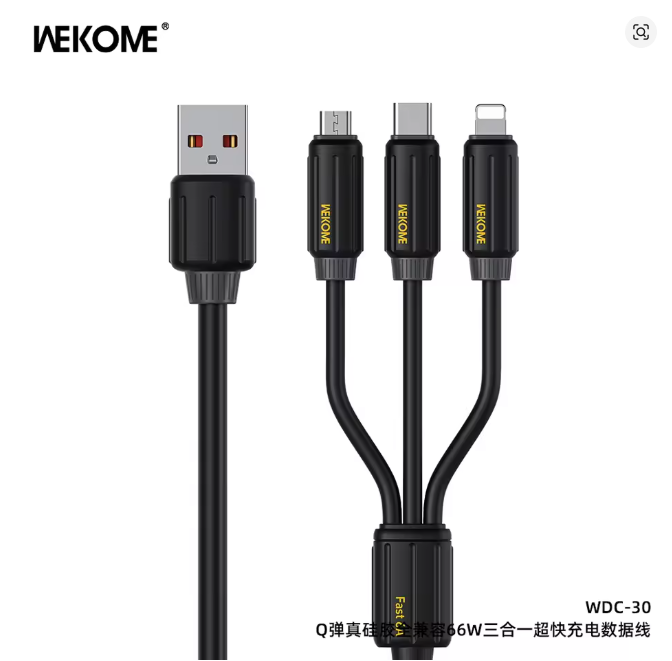 WEKOME  Cable Elastic Genuine Silicone Super Fast Charging Data Cable 3 in 1