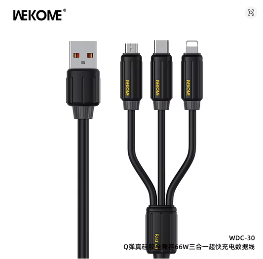 WEKOME  Cable Elastic Genuine Silicone Super Fast Charging Data Cable 3 in 1