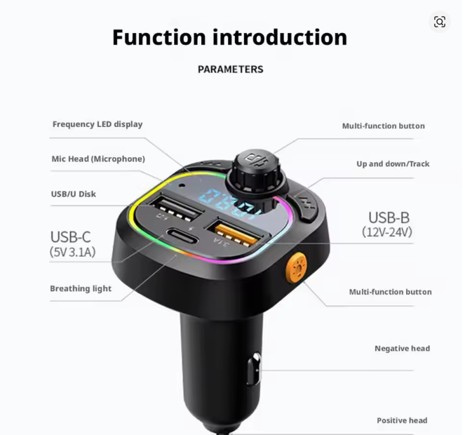 Yesido FM Transmitter Hands-free PD Type-C Dual USB Wireless Speaker MP3 Player Charge Adapter Car Accessorie