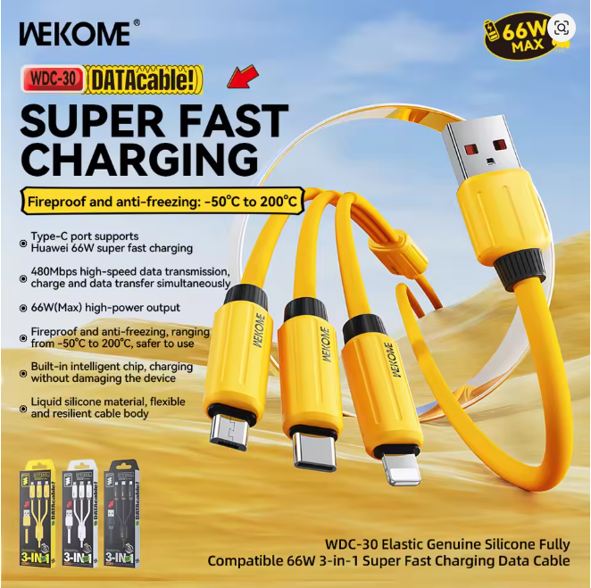 WEKOME  Cable Elastic Genuine Silicone Super Fast Charging Data Cable 3 in 1