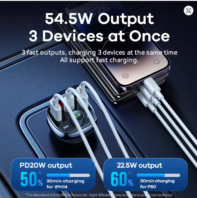 REMAX Multifunctional Car Charger FM Radio 54.5W High Power 2A1C Output Hands-free Call TF Card Fast Charging
