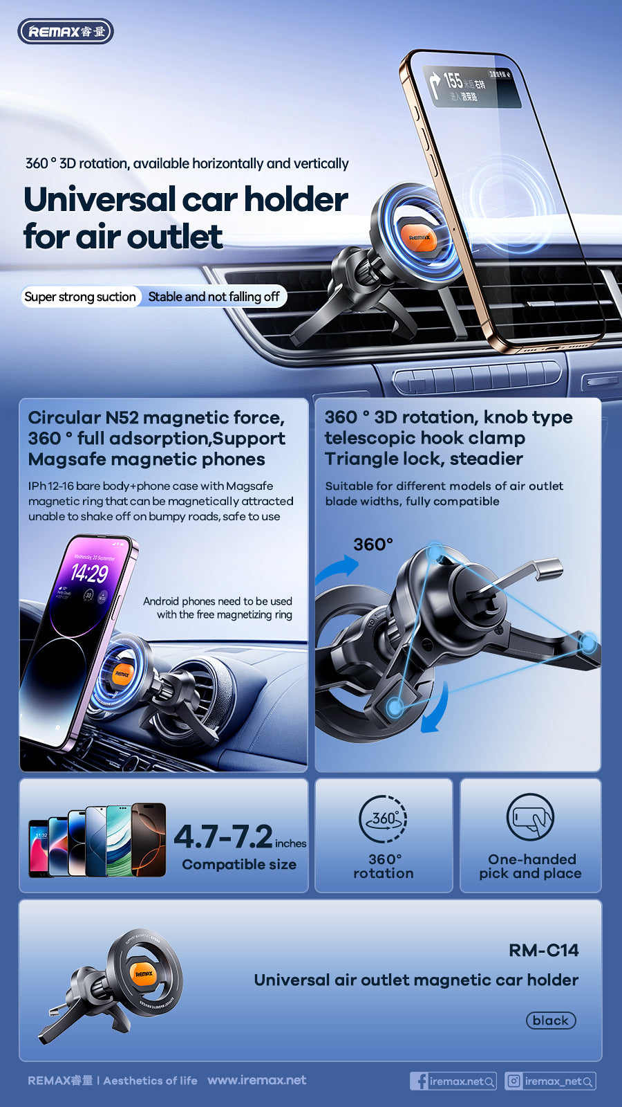 Car Phone Holder Air Vent Clip Magnetic Universal Car Phone Stand Mount for Magsafe