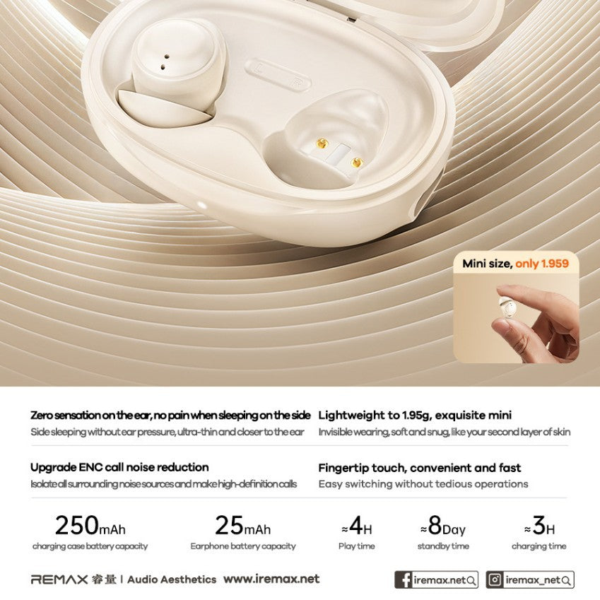 Remax TWS21 Sleep True Wireless Stereo Music Calling Headphones Zero Pressure for Side Sleepers Ultra-Thin: Only1.95g