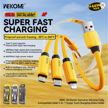 WEKOME  Cable Elastic Genuine Silicone Super Fast Charging Data Cable 3 in 1